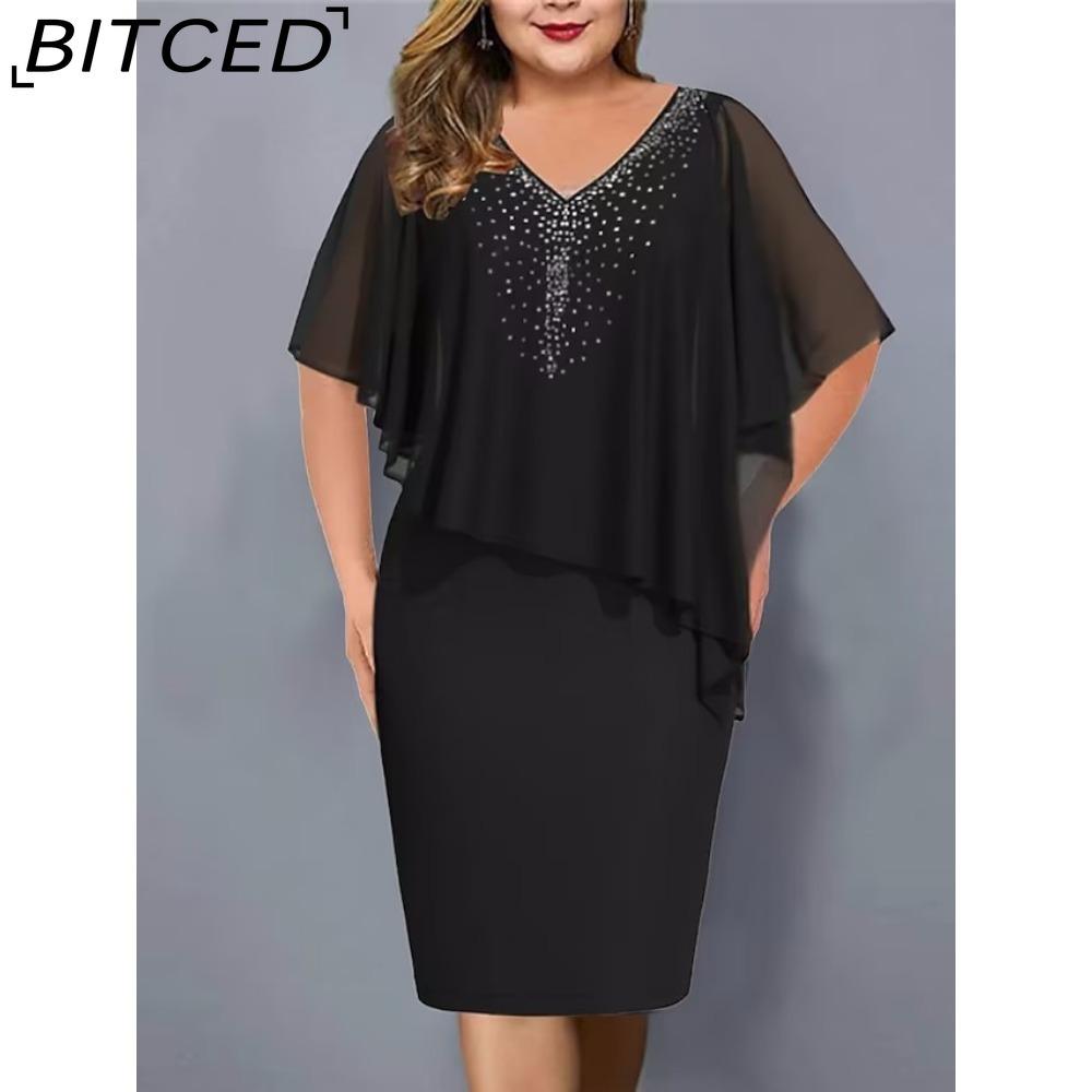 BITCED Women Plus Size V Neck Asymmetrical Buttocks Dress Chiffon Sequin Dress(L-5XL)