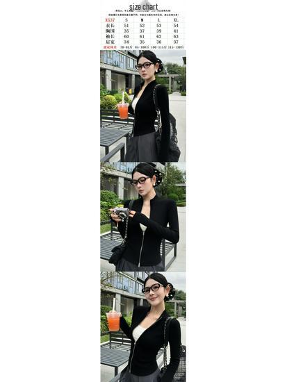 Retro Stand Collar Slim Fit Double Zipper Long Sleeve Women's Waist-Cinching T-Shirt