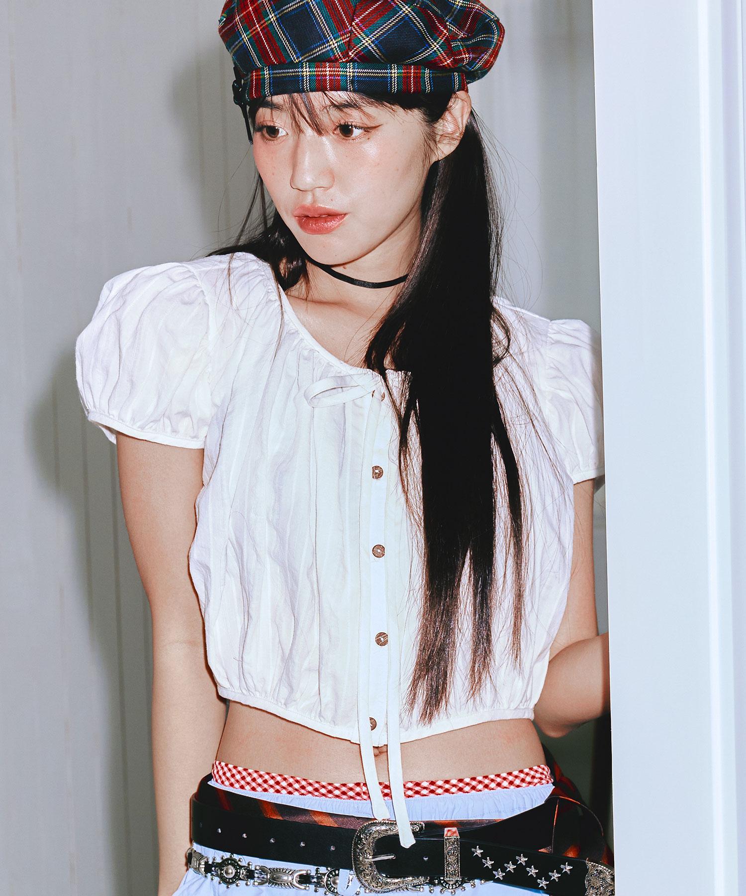 Snuggiest Shirred Puff Blouse [White] Pink/F