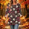 Women's Halloween Printed Casual Loose Fit Top with Round Neck and Three-Quarter Sleeves