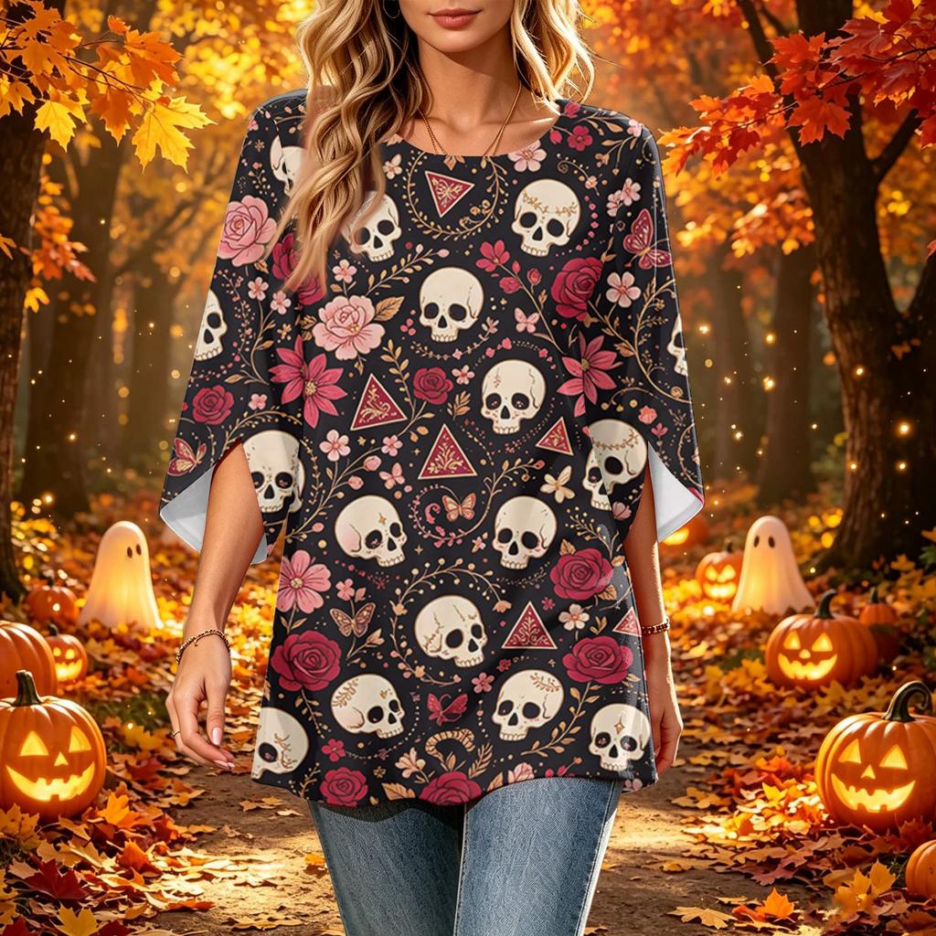 Women's Halloween Printed Casual Loose Fit Top with Round Neck and Three-Quarter Sleeves
