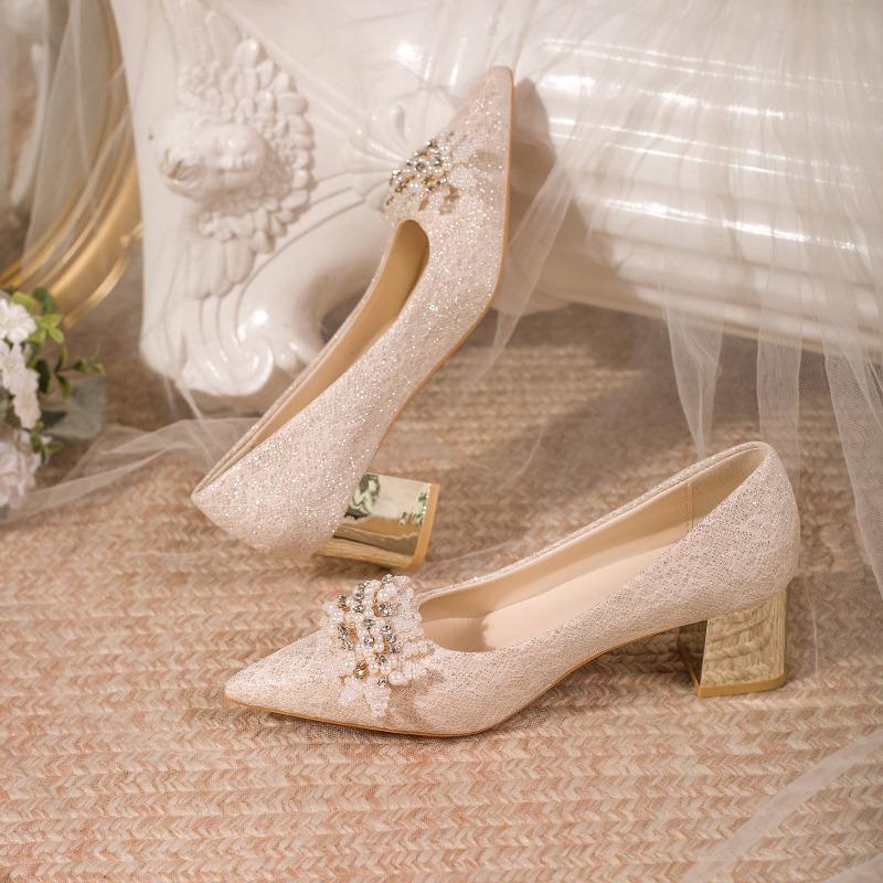 Fashion Low-heeled Temperament Single Shoes for Women 2025 Spring and Autumn Thick Heel Soft Sole Pointed Toe Shallow Mouth