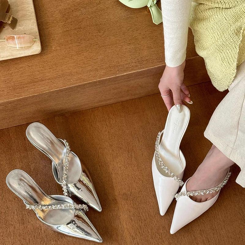 Summer Women's Crystal Mules Slippers Elegant Cover Toe Dress Slides Ladies Dancing Party High Heel Shoes