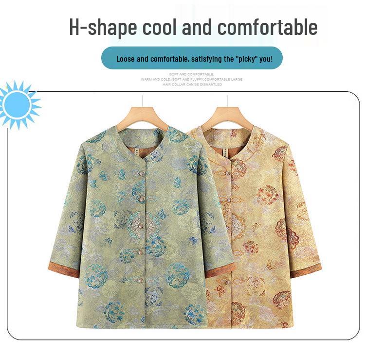 Stylish Chinese-Inspired Summer Top for Elderly Women – Loose Fit, Three-Quarter Sleeves