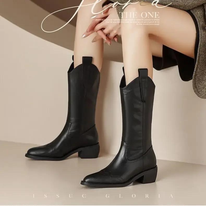 

Полусапожки женские ретро на среднем каблуке с острым носком полувысокие сапоги для женщин обувь тренд 2025 распродажа гяру готика водонепроницаемая искусственная кожа 40