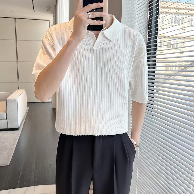 Ice Silk Men's Striped Polo Shirt - Summer 2023 Trendy Short Sleeve Korean Lapel Top