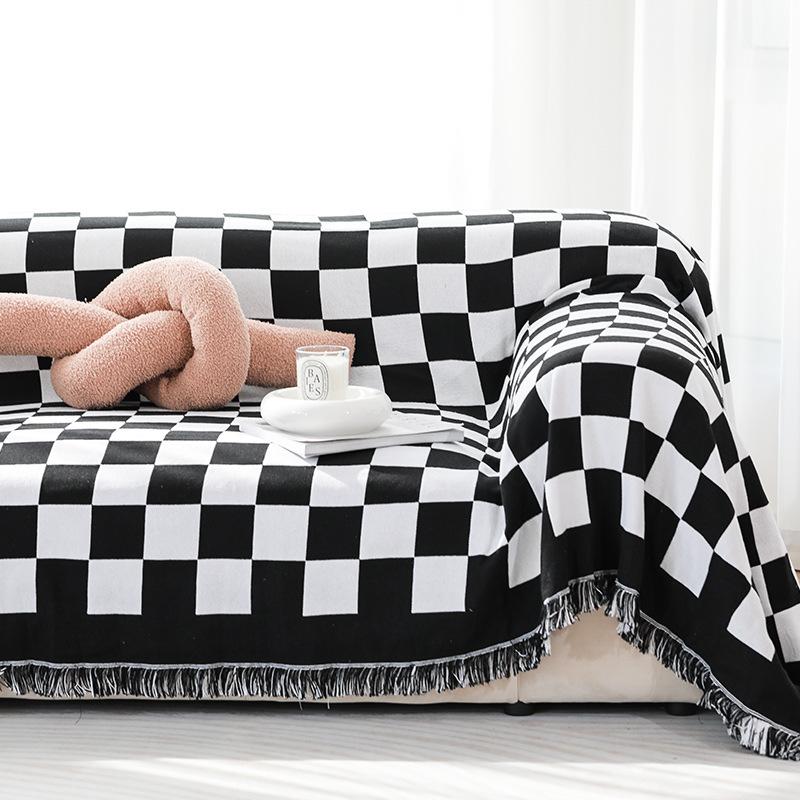 Koc na sofę w kratę szachownicy, pełny pokrowiec z tkaniny, pokrowiec na sofę all-inclusive, zestawy uniwersalne, uniwersalne na cztery pory roku, antypoślizgowa, odporna na zabrudzenia poduszka