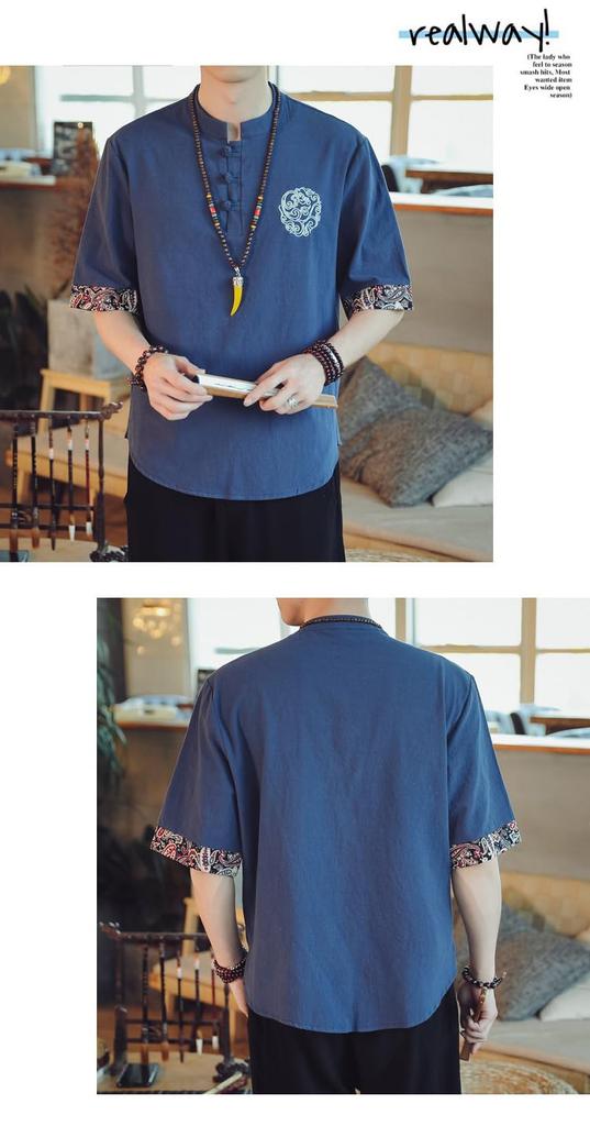 FJLTDCP Summer Half Japanese Plus Loose Solid Top BLUE Men's Japanese-Style T-Shirt, Sleeves, Haori, Style, Embroidered, Sizes, Casual, Fit, Stylish,