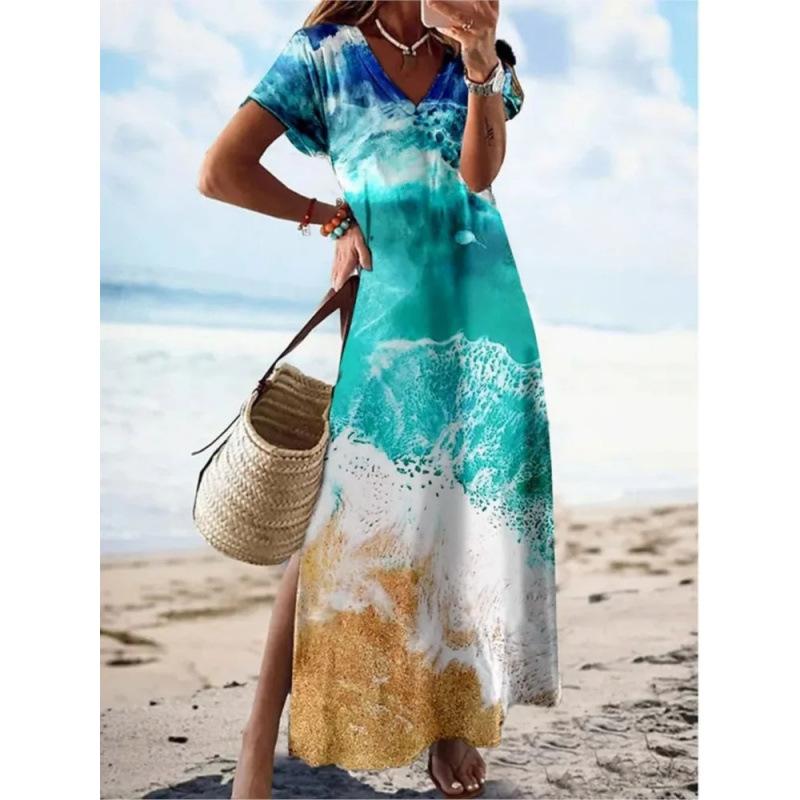 Summer Extra Long Dress Casual V-Neck Long Sleeve Bohemian Peacock Print Floral Dress