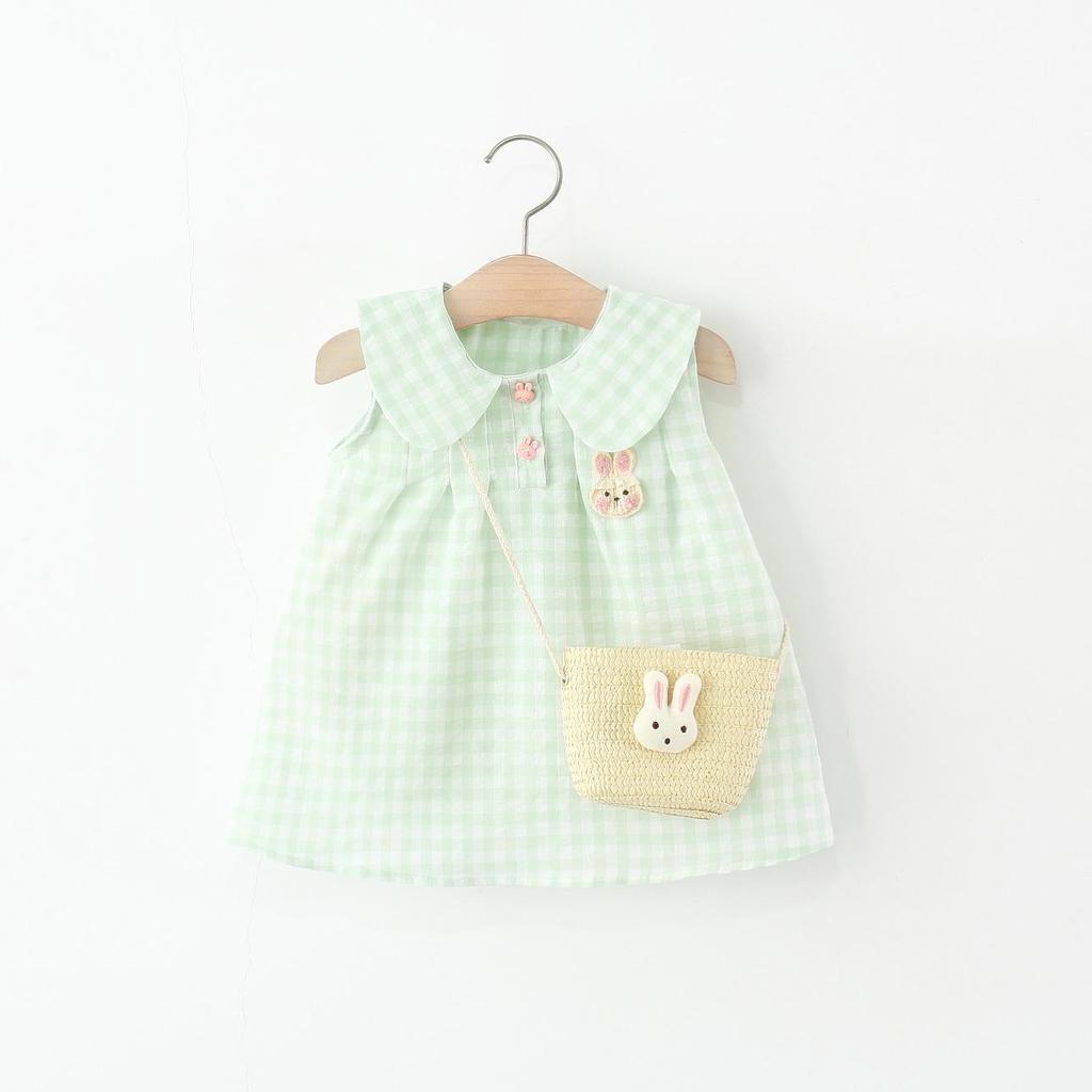 Girls' Plaid Sleeveless A-line Dress with Peter Pan Collar and Bunny Bag