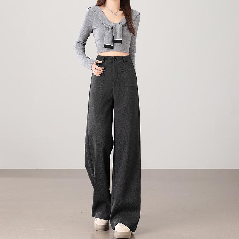 

2025 A/W New Velvet Straight-Leg Trousers: High-Waist, Woolen, Wide-Leg Pants for a Slim Look, Women s Japanese Korean Casual XL