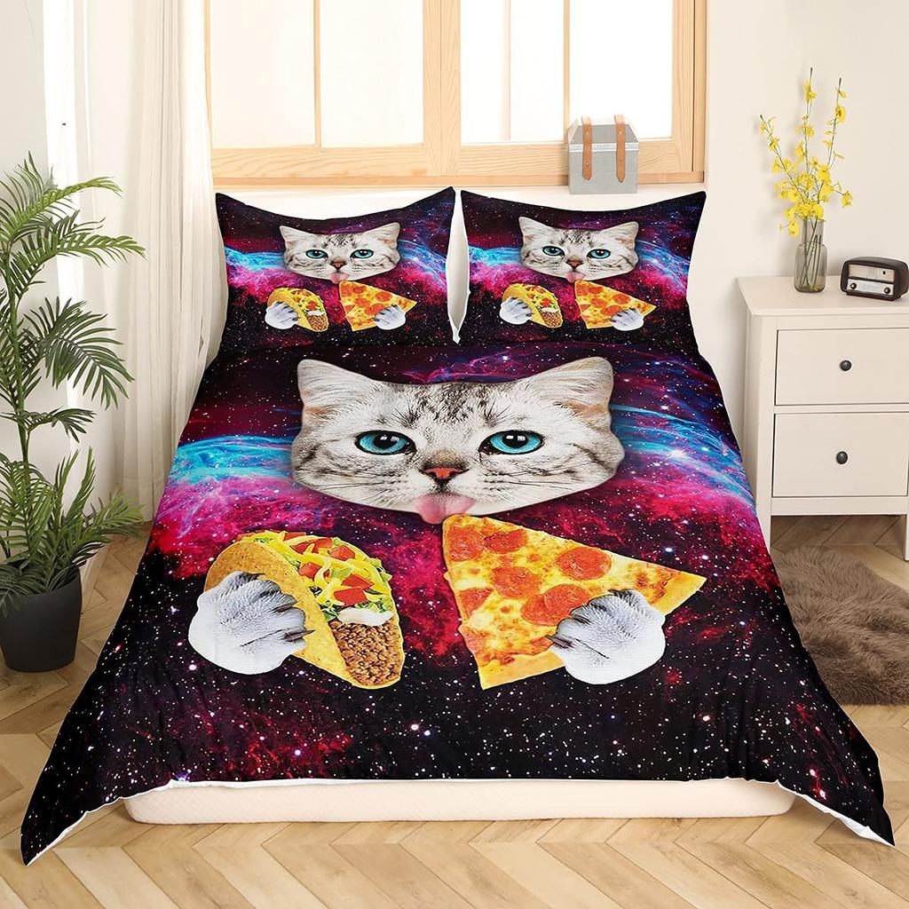 Cartoon Cat Bedding Set for Girls Boys Pet Cats Comforter Cover Cute Kitten Neon Light Duvet Cover Room Decor 3D Bedspread Cover