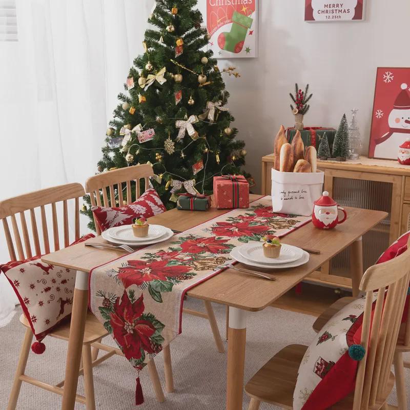 Jacquard Polyester-Cotton Christmas Table Runner with Floral Bells