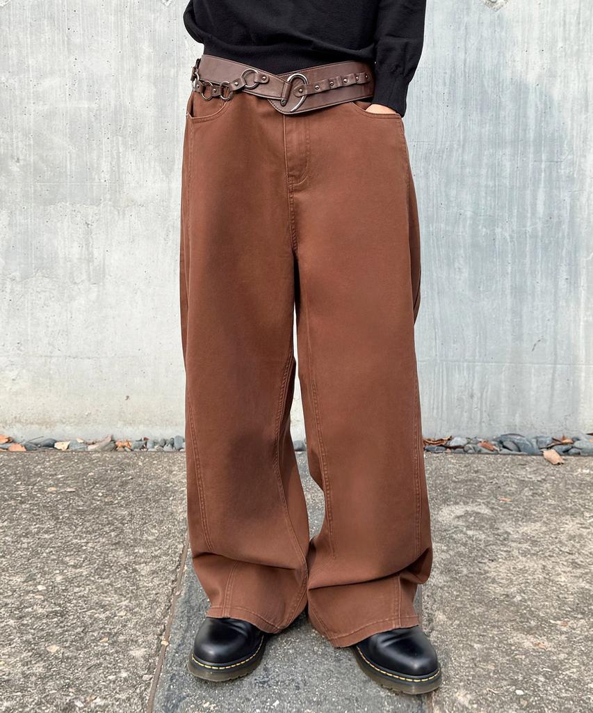 Jikeulib Brushed Brown Curved Cut-Line Wide Cotton Pants