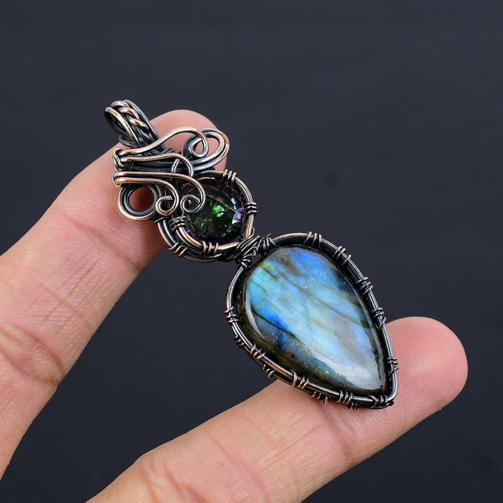 Labradorite & Mystic Topaz Pendant, Handmade Gemstone 999 Copper Wire Wrapped Pendant Antique Jewelry, For Gift Silver Jewelry