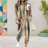 Women Plus Size Printed Round Neck Long Sleeve Two Piece Set Cuffed Top And Pants With Pockets