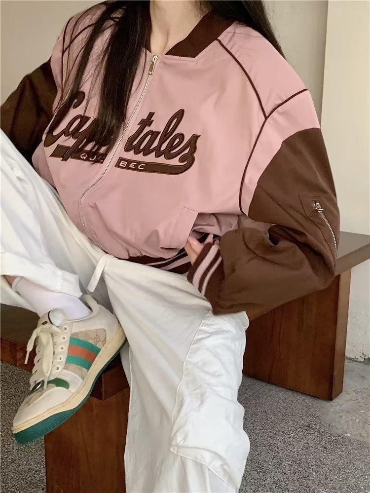Plus Size Pink Retro Baseball Jacket for Petite Women - Spring & Autumn