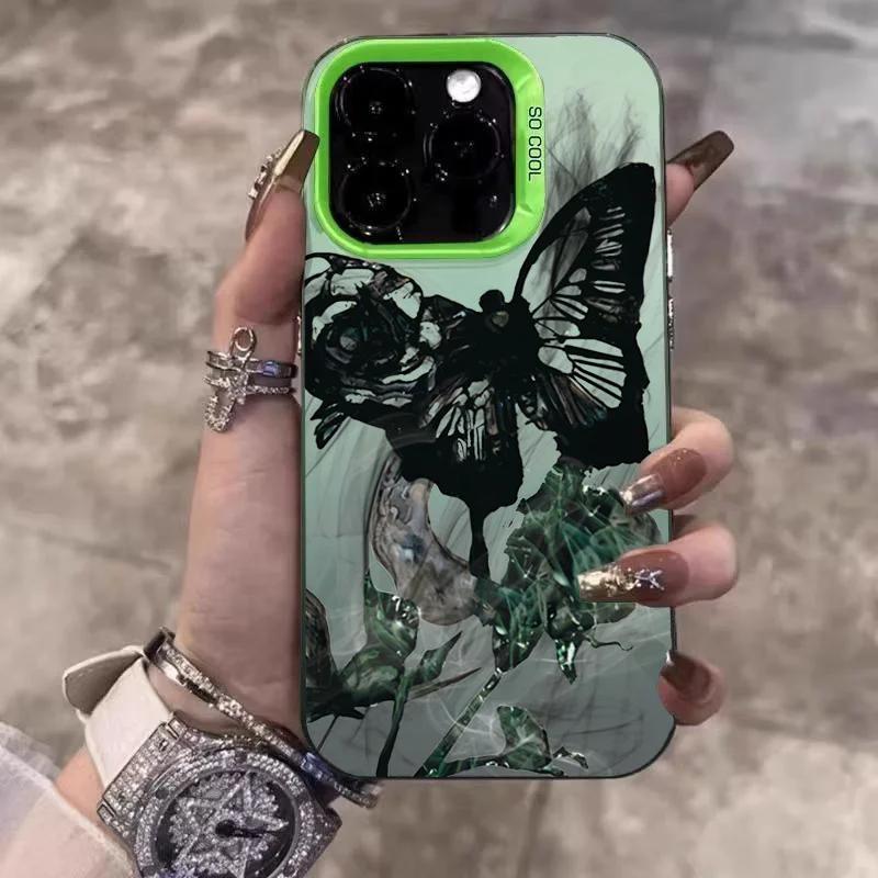 INS Retro Rose Butterfly Phone Case For iPhone 16 15 14 13 12 11 Pro Max XR XS MAX SE 2 3 7 8 PLUS Laser Silver Shockproof Cover