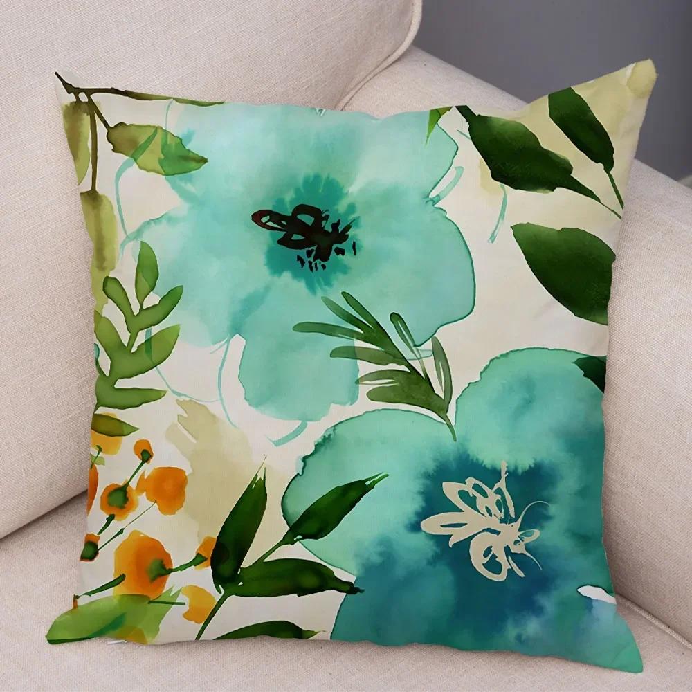 Watercolor Flower Leave Pillow Case Decor Colorful Plant Floal Cushion Cover for Sofa Home Car Soft Plush Pillowcase