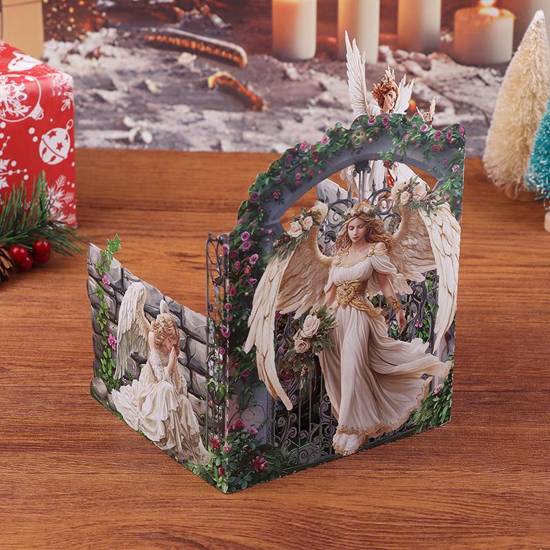 Retro Oljemålning Julängel Dubbeldörr Tre-dimensionellt Grattiskort, Vacker Ängel, Utsökta Stora Vingar, Jul