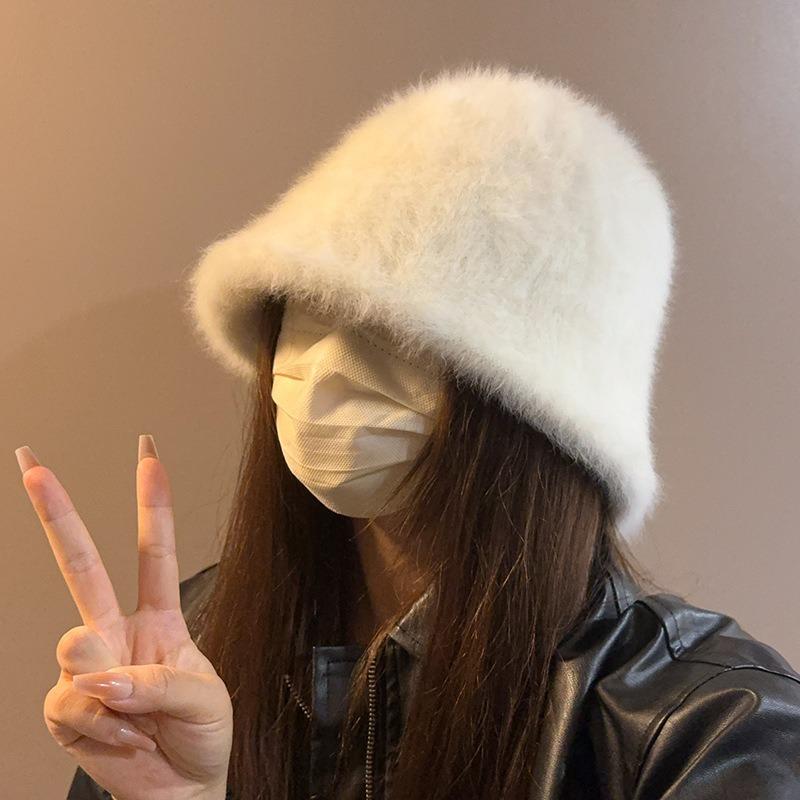 Rabbit Fur Hat Female Winter Big Head Circumference Bucket Hat Showing Face Small Plush Hat Warm Fluffy Bucket Hat