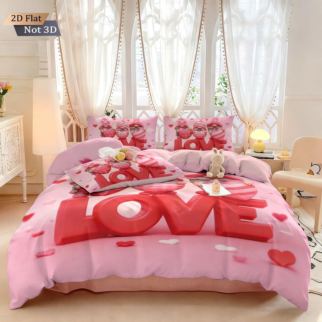 3pcs Valentine's Day Pink Romantic goblin love print coreless down duvet cover set multi size bedroom bedding holiday decoration