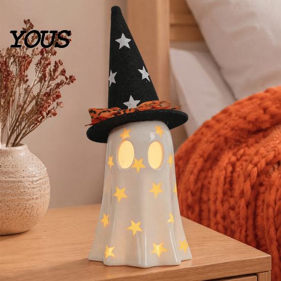 Kids Bedroom Night Light Up Ghost Halloween Decoration, Cute Spooky Witch Hat Figurine, Gifts for Resin LED Lighted Statue Mantel, Shelf, Indoor Home