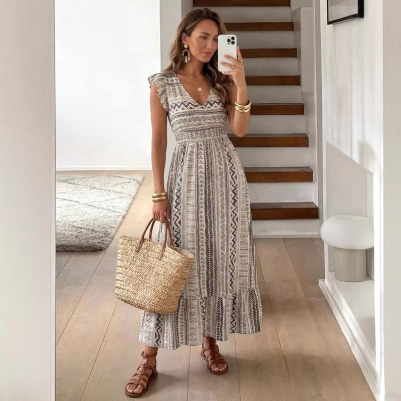 Women's 2026 Summer New Printed Dress for Beach Vacation, Vintage Satin Long Skirt