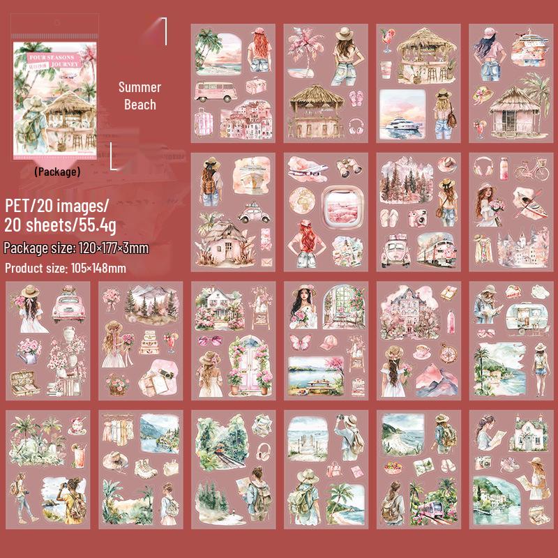 Four Seasons Journey Die-Cut Sticker Book: Travel-Themed Retro Scenery In 4 Styles
