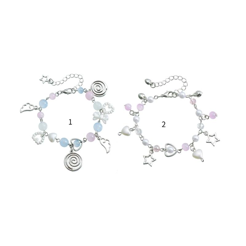 Handcrafted Beaded Bracelet with Heart Star Wing Pendant Wristband Pearls Bowknot Bracelet Adjustable Chain Jewelry Gift