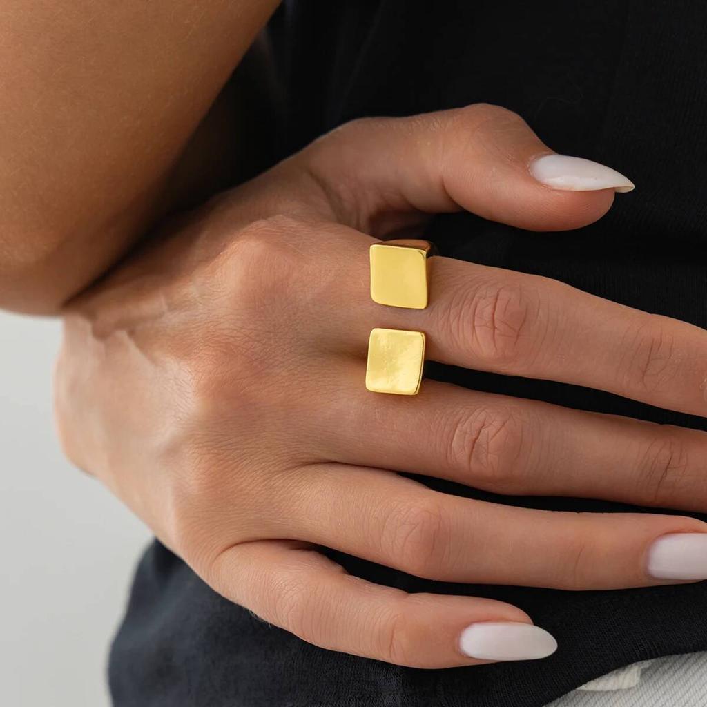 Salircon Vintage Gold Color Square Shape Metal Rings Women Trendy Simple Adjustable Open Knuckle Finger Ring Jewelry Accessories