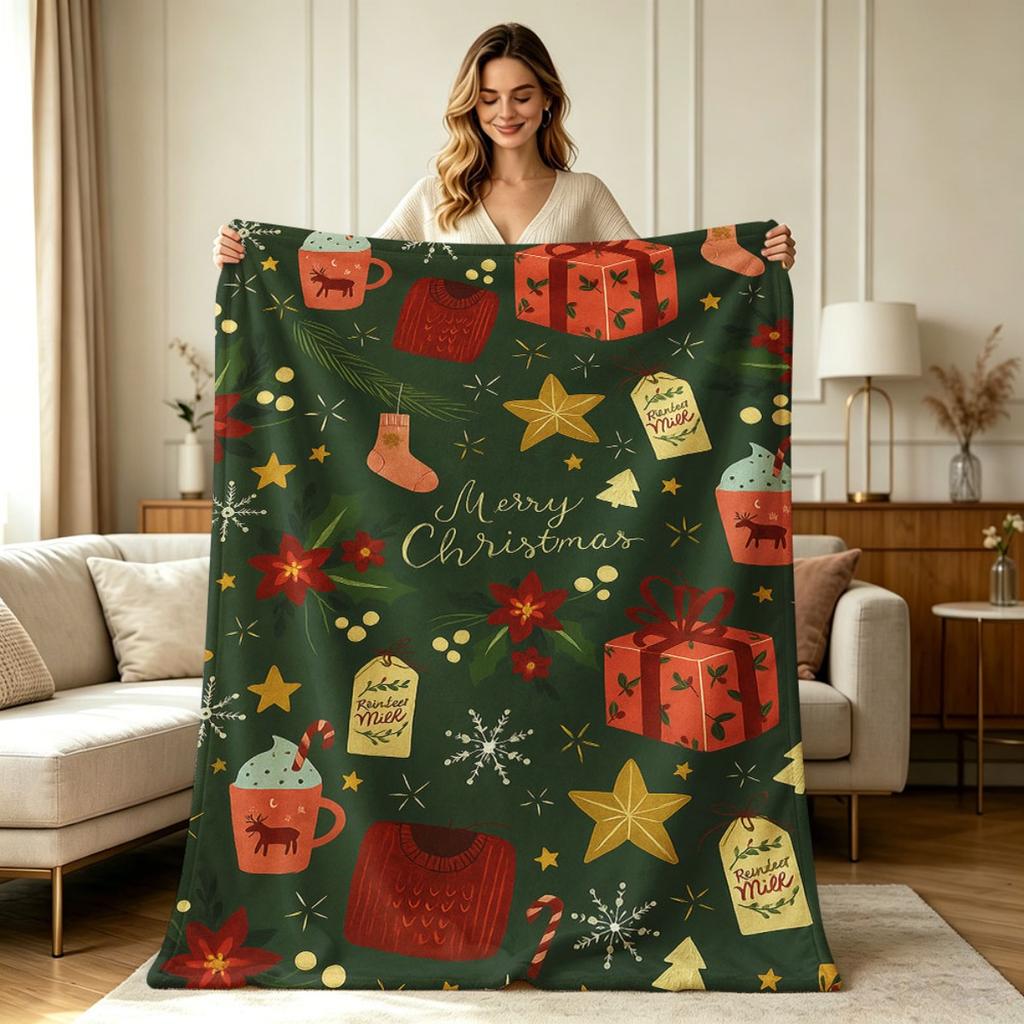 Soft Warm Cozy Flannel Christmas Pattern Throw Blanket All Season Suitable for Sofa Couch Bed Office Living Room Holiday Home Decor with Festive Winte