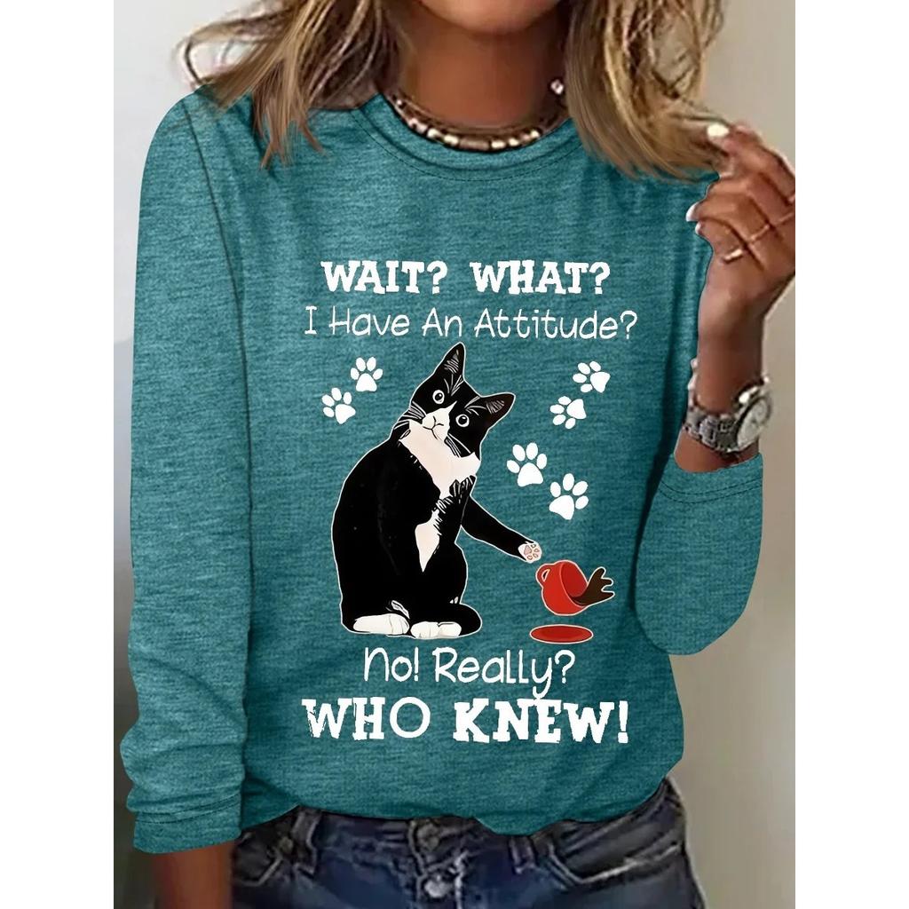 Okrągły dekolt 3D nadruk zabawny kot wzór top modny casual długi rękaw damskie koszulki