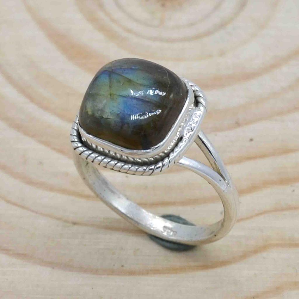 Labradorite 925 Anel de prata esterlina para mulheres, anel feito à mão com pedra preciosa almofada