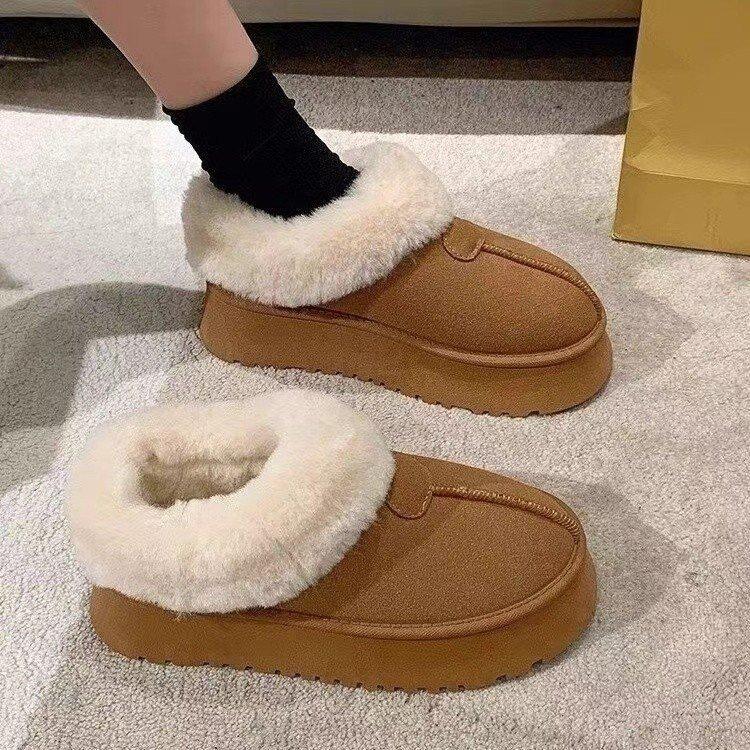 Internet celebrity short snow boots winter piled thickened fluffy shoes  new thick-soled warm one-pedal cotton shoes