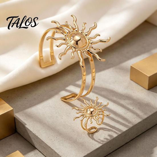 Retro Sun Jewelry 2Pcs Bangle Ring Set, Open Adjustable Cuff Bracelet Golden Tone & Ring, Plated Statement Hand for Women Set