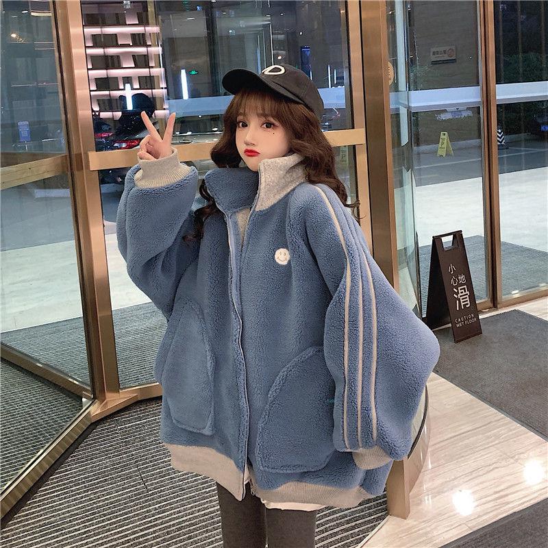 

Женское розовое пальто из овечьей шерсти с флисовой подкладкой - Зимний корейский стиль, свободный кардиган со стойкой L (96-110 jin) синий