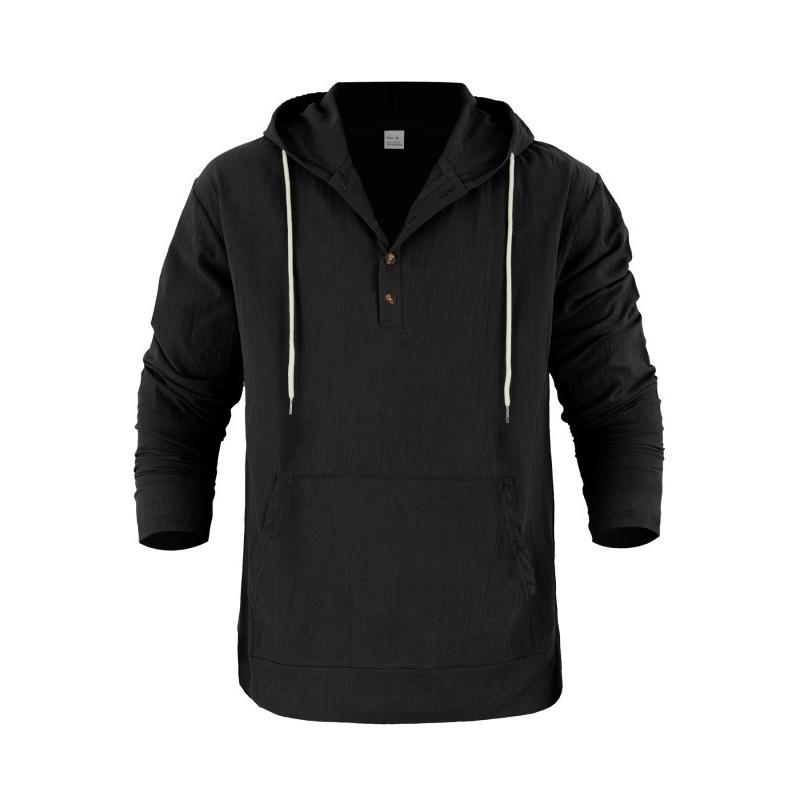Men's Linen Hooded Long-Sleeved T-Shirt Beachwear & Leisurewear Loose Fit with Large Pockets Henley Neck Top