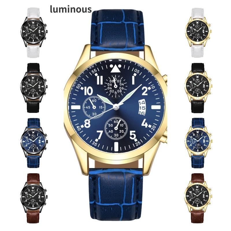 Stylish Men's Watch With Night Light And Calendar Quartz Pointer Display Leather Strap 98001 Belt Style)