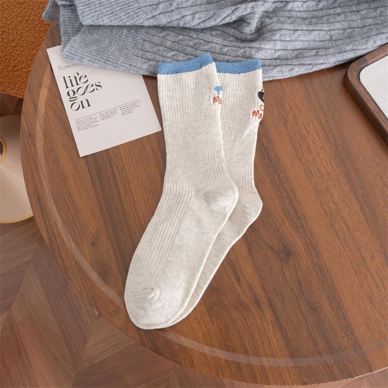 Autumn and Winter Socks, Women's Trendy Socks, Color-blocked AB Version Embroidered Letter Mid-calf Socks, Double-needle Pile Socks