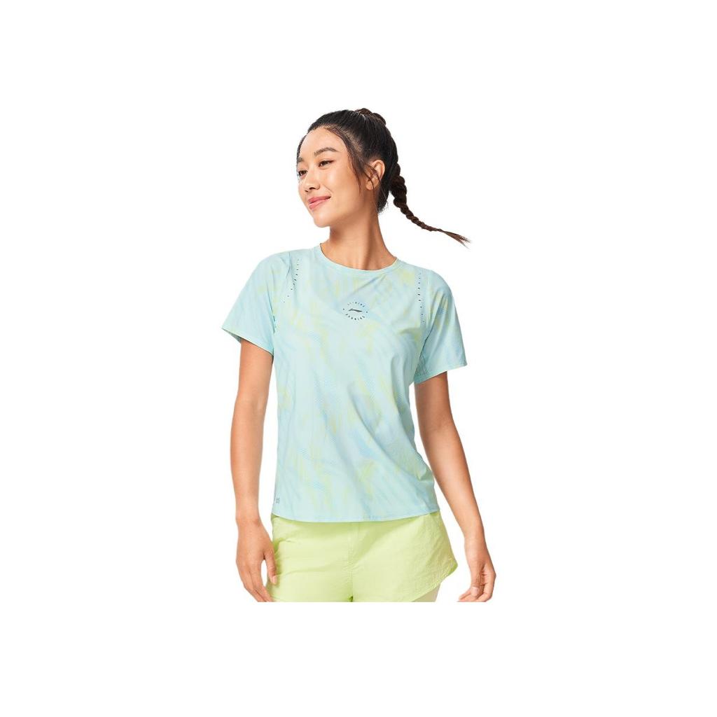 Li-Ning Running Series All-Over Print Breathable Versatile Short Sleeve T-Shirt Women Tops Cloud-Porcelain-Blue ATSV376-2