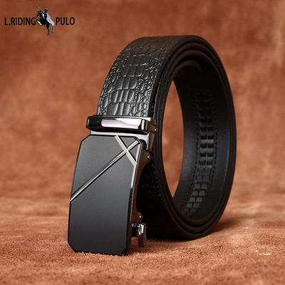 Cinturón para hombre Business Casual Penetración de tinte Patrón de cocodrilo repujado Superficie de cuero genuino de vacuno Comodidad Cinturón de clic Cinturón de cuero para hombre