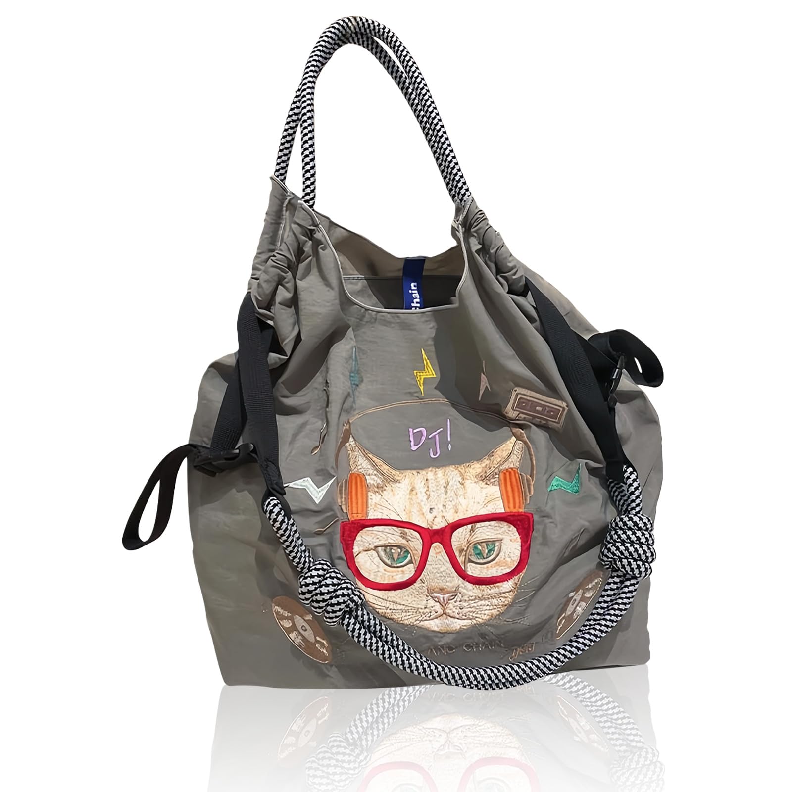 [Esoes] Эко-сумка на шариковой цепочке, Складная сумка-тоут, Стильная вышитая сумка для покупок, Компактная, Милый дизайн с кошкой, Большая вместимость, Легкая, Многоразовая,