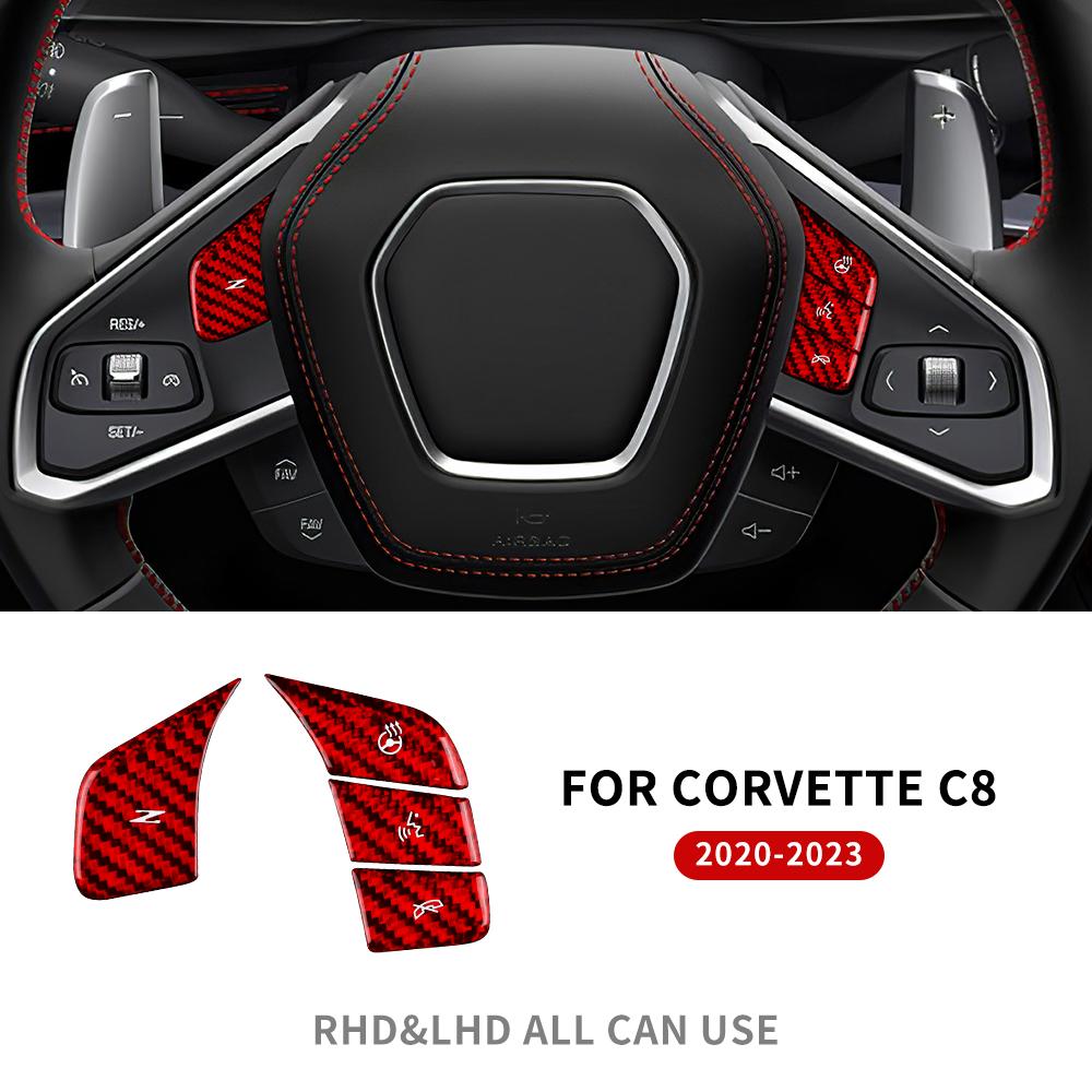 

For Chevrolet Corvette C8 Real Hard Carbon Fiber Car Steering Wheel Button Cover Interior Trim Accessories Red RHD LHD