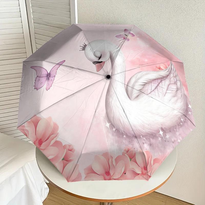1pc Swan Princess Automatic Folding Umbrella, Heavy Duty 8 Rib Iron Frame,  Suitable for Travel, Daily Use, Birthday, Decor Gift m0104027