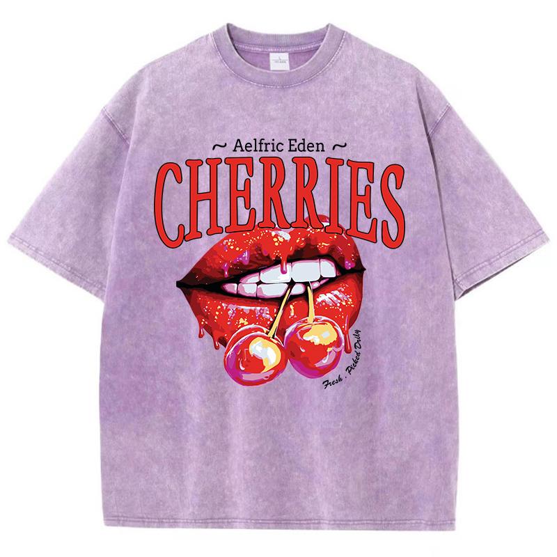 Casual Womens Acid Wash T-Shirts Cherries On The Lips Printing Tees Distressed Oversize Short Sleeve Trend Female Clothes