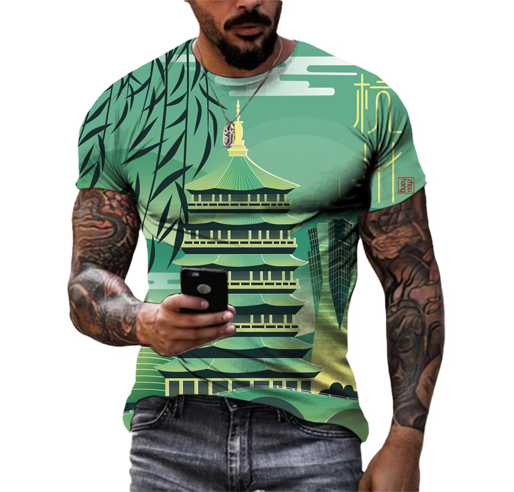 Piękne koszulki męskie z elementami chińskimi, casualowe, z nadrukiem HD 3D, wzorzyste, hip hopowe, Harajuku, z osobowością, z okrągłym dekoltem, z krótkim rękawem