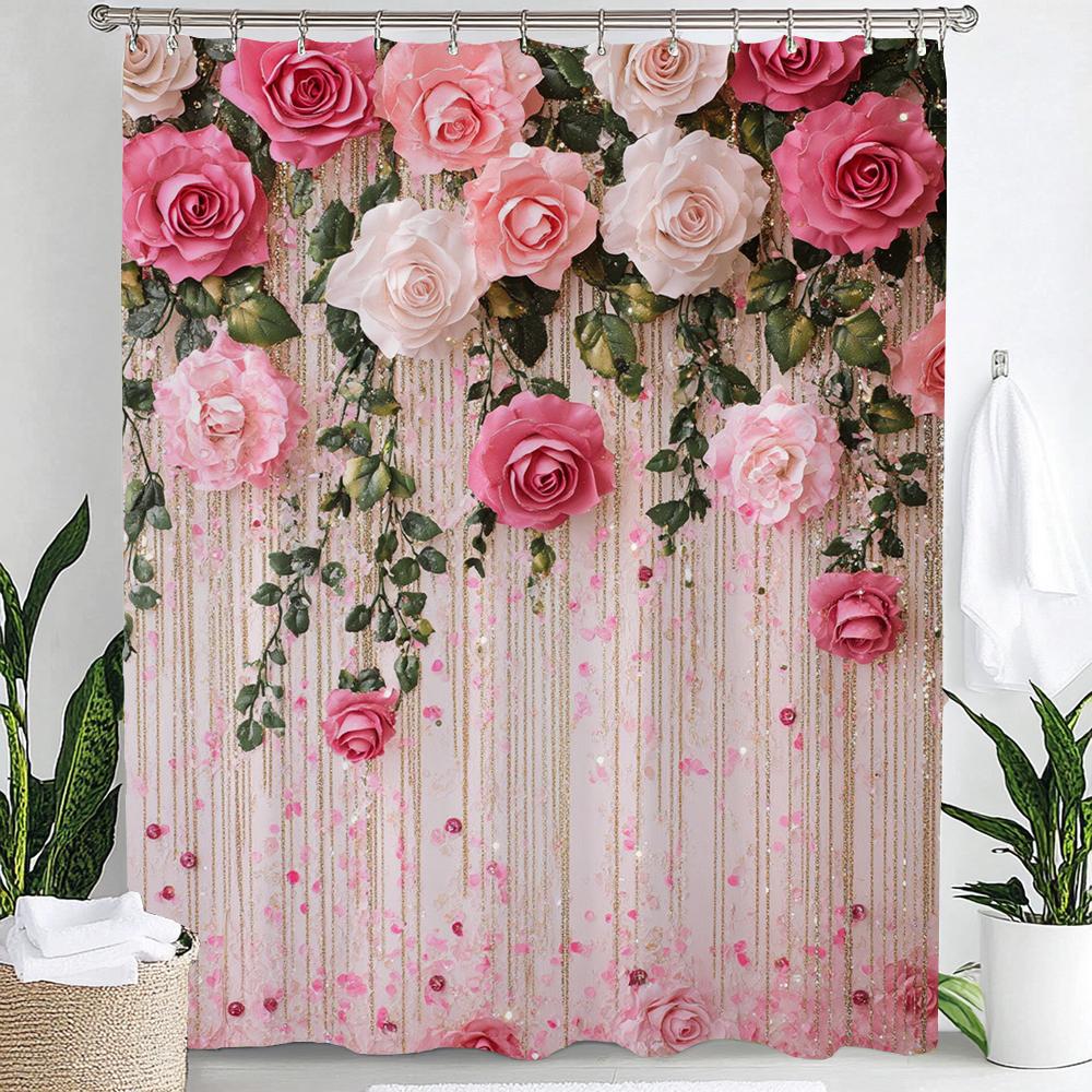 Rosa Blumen Duschvorhang für Damen, Braut, Hochzeit, Rosa Blumen, Romantisch, Geeignet für Mädchen, Hängender Vorhang Mit Haken
