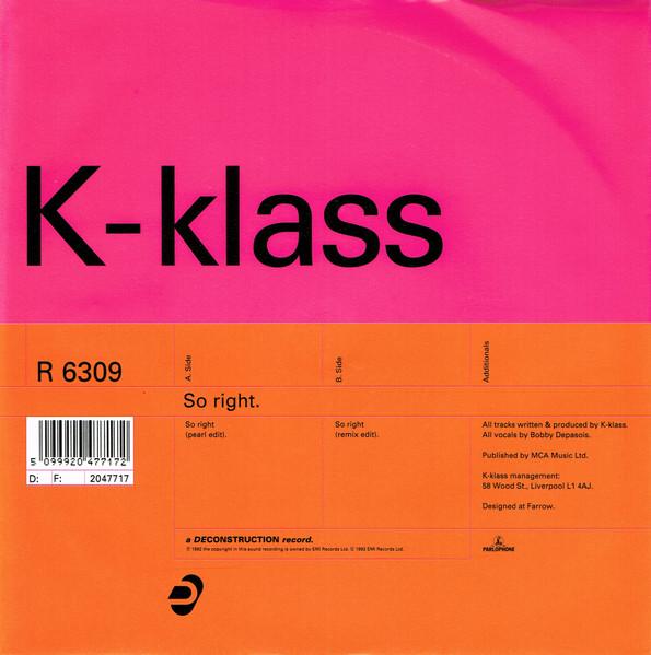 

7-дюймовая пластинка KKLASS So Right R6309 Deconstruction 1992 UK Dance Electronica Б/у