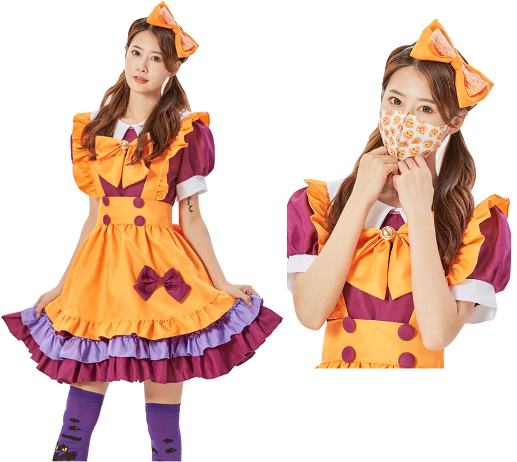

Halloween Cosplay Maid Costume set with Halloween mask and Costume Pumpkin Large Size Costume Fancy Dress One Size Fits All K.C&Ace [7-piece